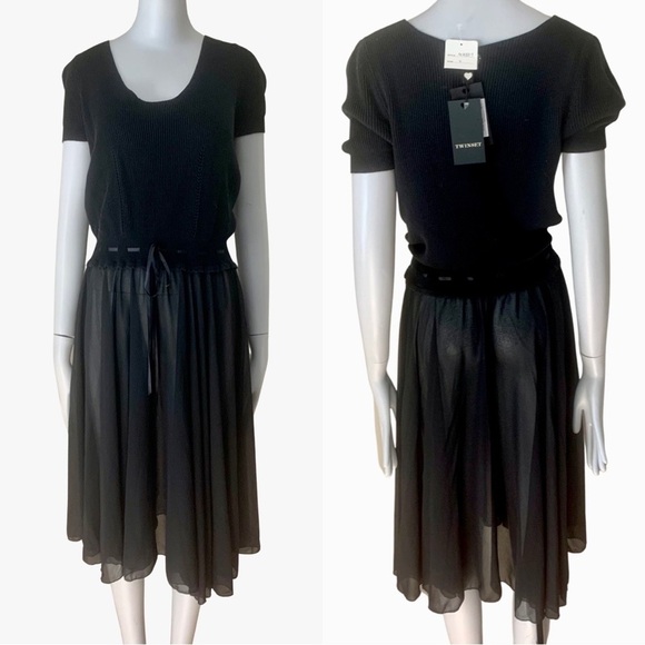 NWT TWINSET Tie Waist Black Sheer Knit Top Midi Dress Scoop Neck LBD Size S (6) - Picture 16 of 16